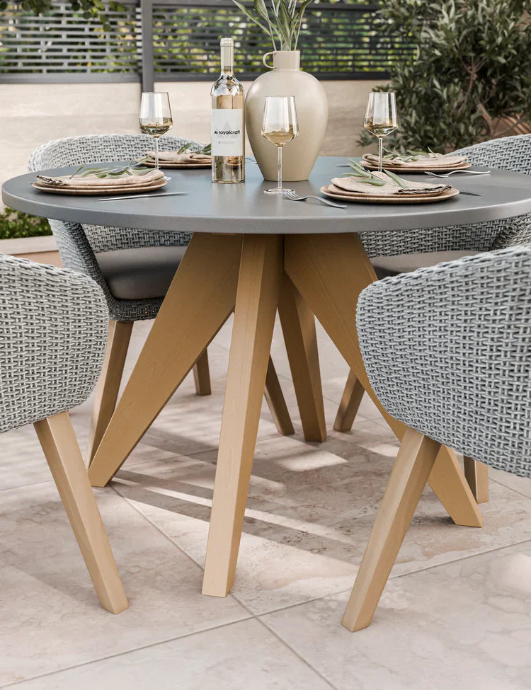 Royal Craft - Luna 4 Seater Round Concrete Dining Set with Sol Rattan Dining Chairs