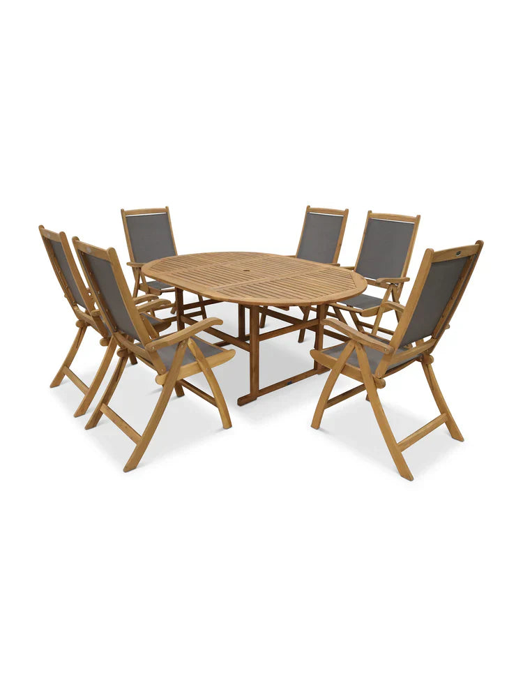 Royal Craft - Turnbury 6 Seater Oval Extending Dining Set with Henley Grey Textylene Recliners