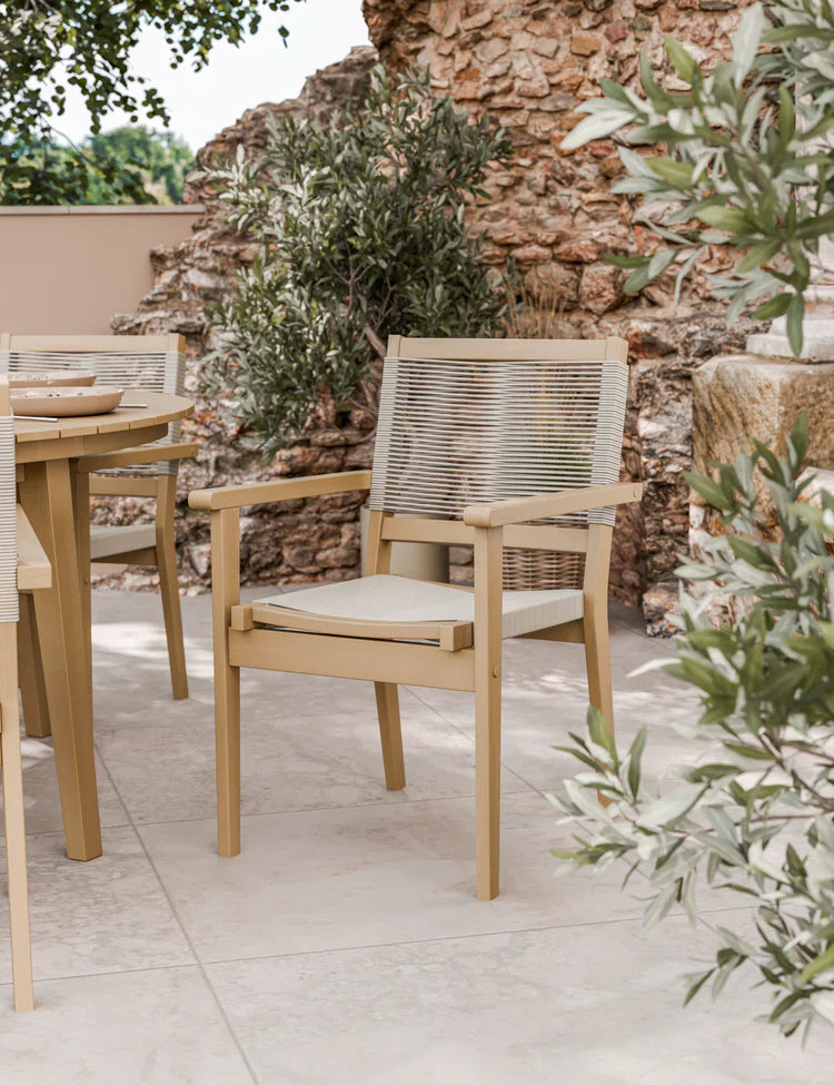 Royal Craft - Roma 6 Seater Round Sunray with Terrazzo Insert Dining Set with Roma Rope Stacking Chairs