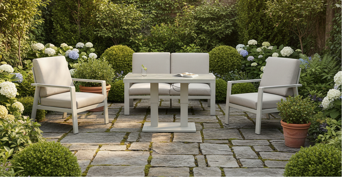 Neptune 4 Seater Beige Aluminium Garden Sofa Set with Lift & Rise Table