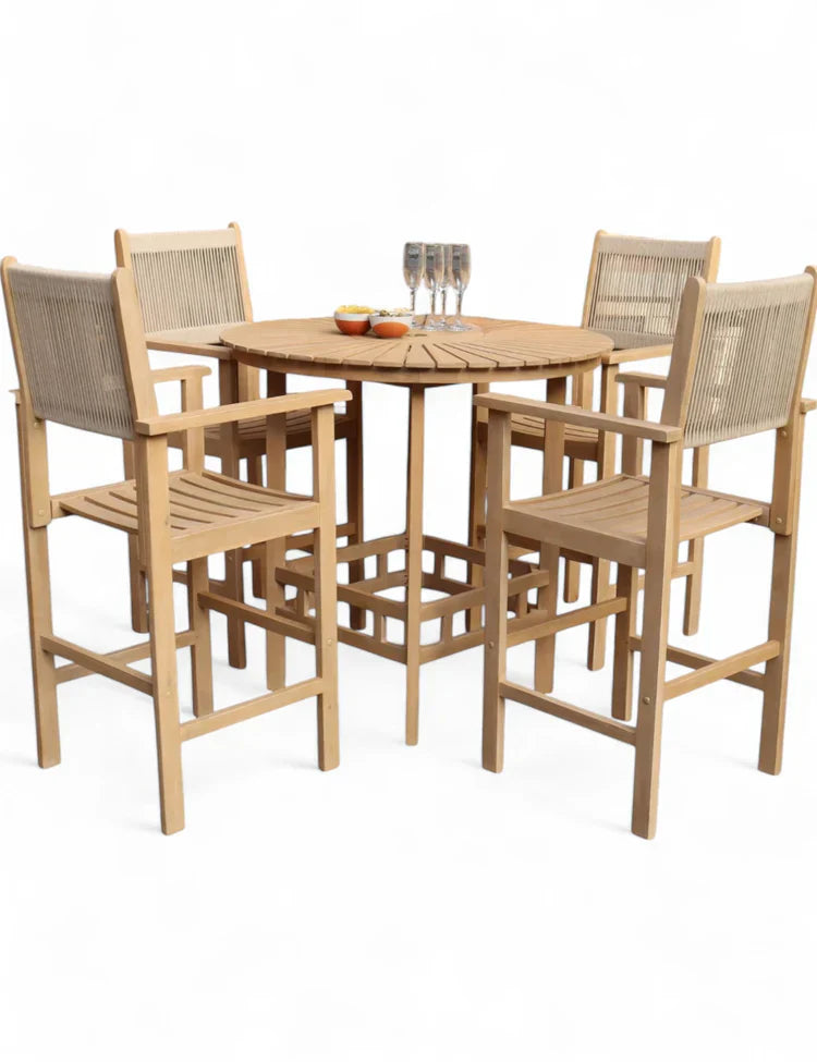 Royal Craft - Roma 100cm Round Sunray High Bar Table with 4 Roma Rope Bar Stools