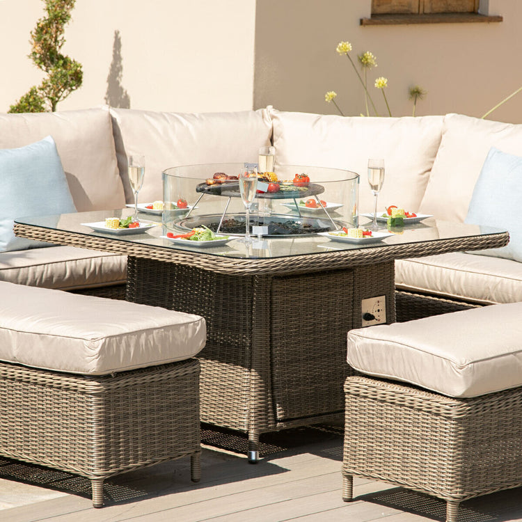 HomHomeflair – Winchester Royal Rattan Corner Dining Sofa Set with Firepit