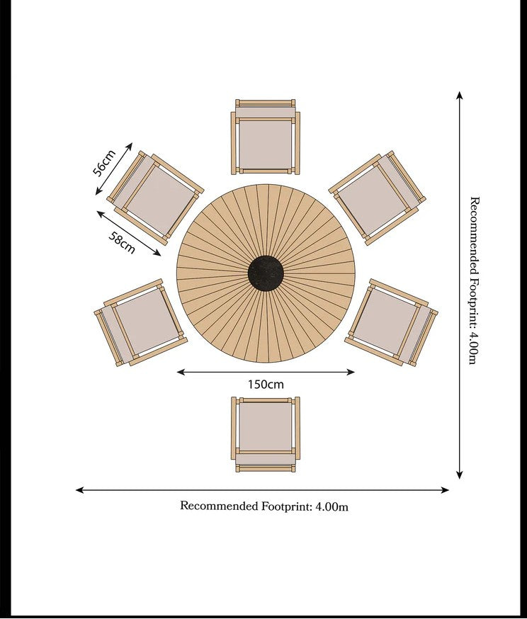 Royal Craft - Roma 6 Seater Round Sunray Dining Set with Black Granite Insert and Rope Stacking Chairs