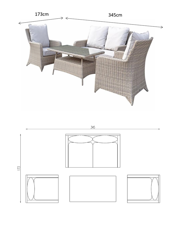 Sarah Rattan 4 Seater Sofa Set + Coffee Table in Grey | Sara0375