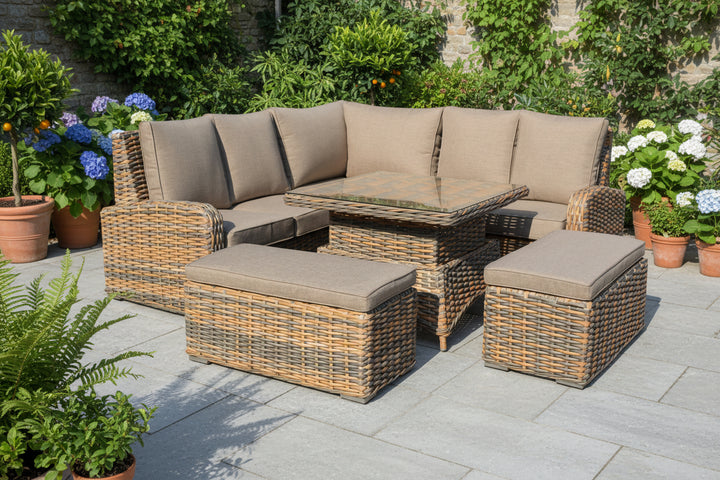 Anna Brown Rattan Large High Back Garden Corner Sofa with Rising Glass Table
