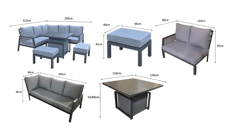 Bettina Grey Aluminium Corner Dining Sofa with Gas Lift Table & 2 Benches