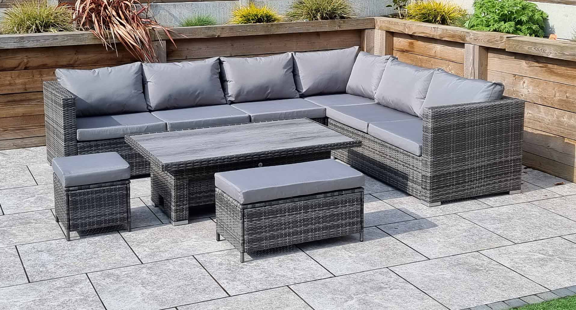Catalina Grey Rattan Corner Dining Sofa with Lift & Rise HPL Table & Stools