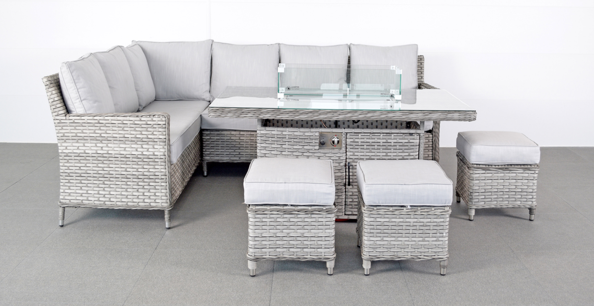 Edwina Grey Rattan Corner Sofa with Gas Fire Pit Dining Table & 3 Stools