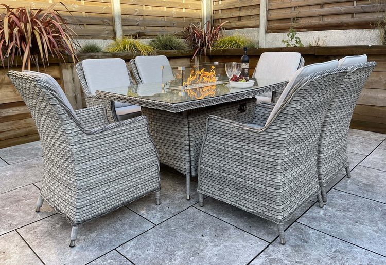 Edwina Rattan Grey Firepit Table + 6 Chairs Dining Set | Edwi0420_0296