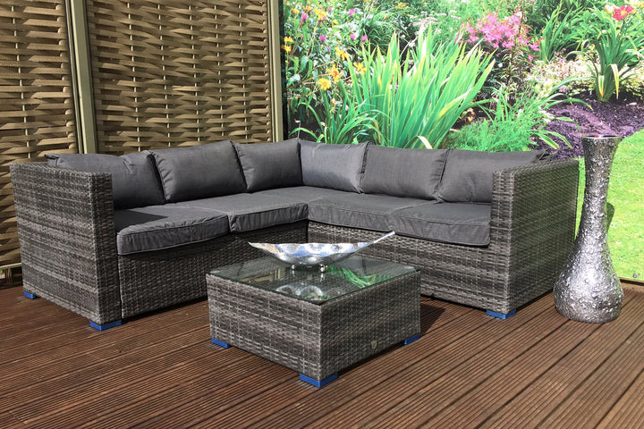 Georgia Grey Flat Weave Rattan Garden Corner Sofa with Glass Coffee Table | Signature Weave