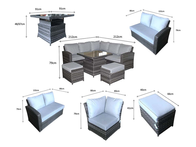 Signature Weave - Rattan Grace Corner Sofa + Adjustable Dining Table + 2 Stools Set Grey | Grac0313