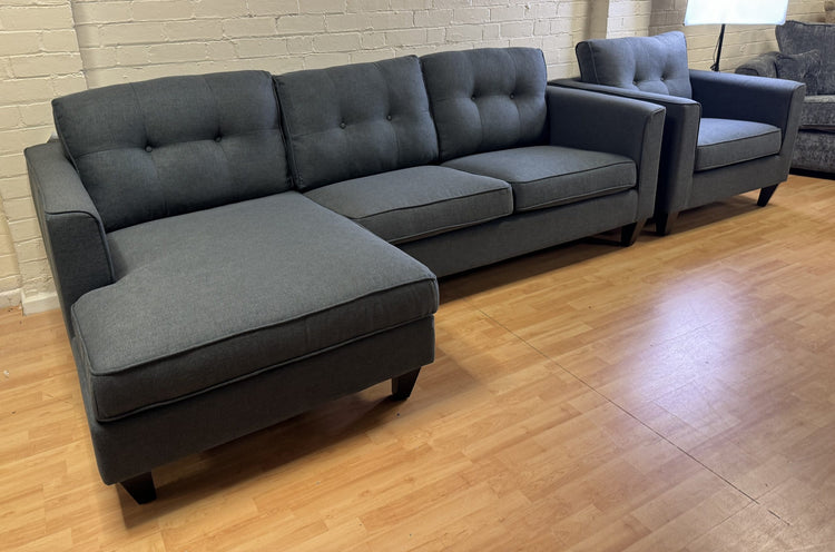 Liam Ex-Display Grey Fabric 3 Seater Chaise Sofa + Chair | EXLIA