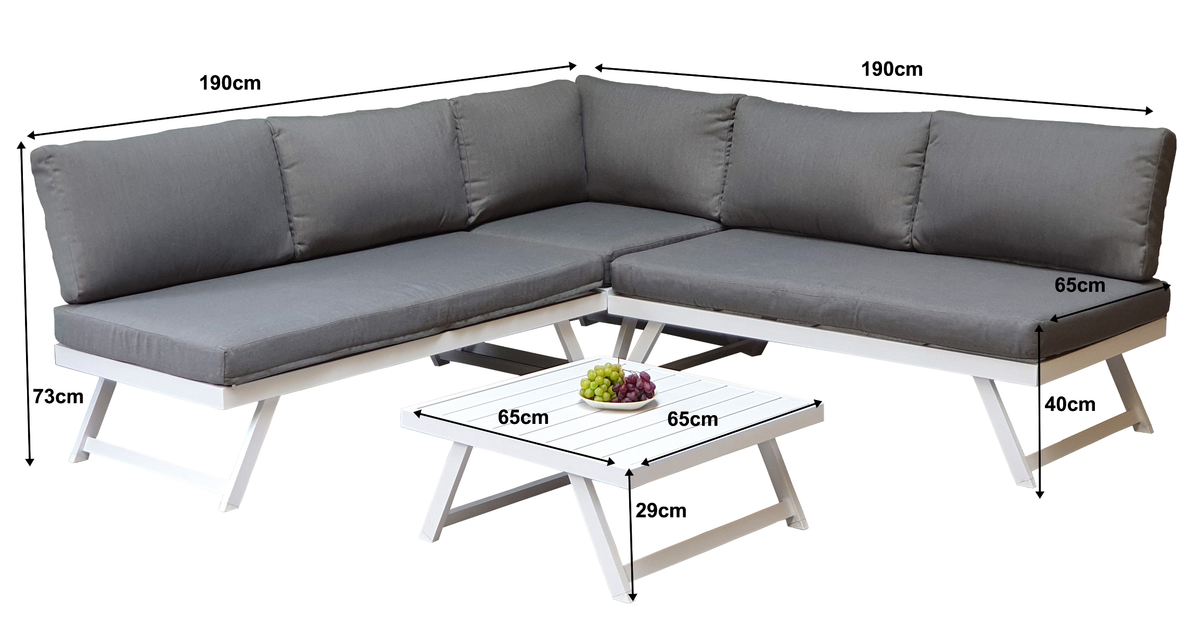 Kimmie White Aluminium Garden Corner Sofa with Adjustable Backrests & Coffee Table