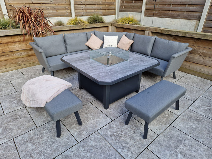 Luna 9 Seater Grey Outdoor Fabric L-Shaped Garden Corner Sofa with Glass Surround Fire Pit | Signature Weave