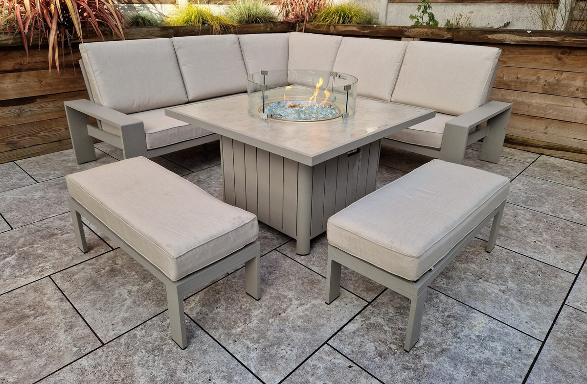 Venus 8 Seater Aluminium Garden Corner Sofa with Gas Fire Pit Table & 2 Bench Stools