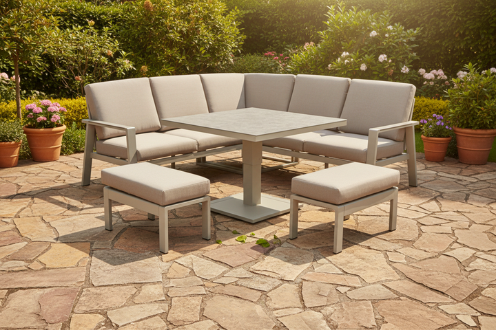 Neptune Beige Aluminium Square Garden Corner Sofa with Lift & Rise Table & 2 Bench Stools | Signature Weave