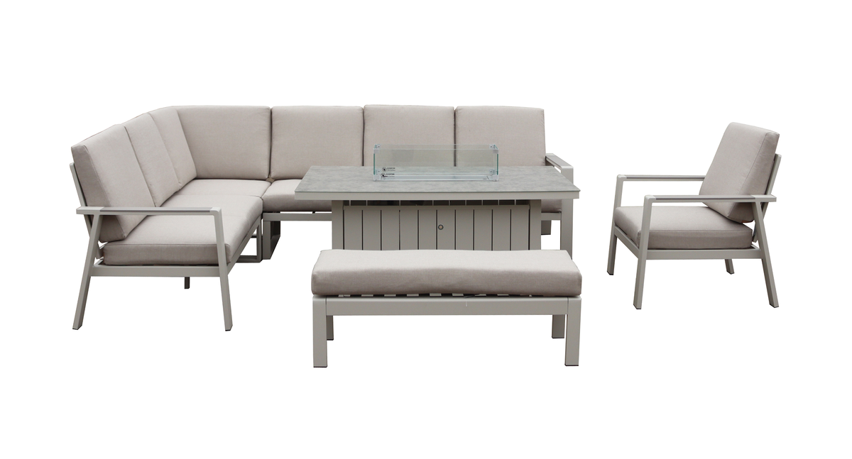 Neptune Beige Rectangular Garden Corner Sofa with Fire Pit Table, Armchair & Bench Stool