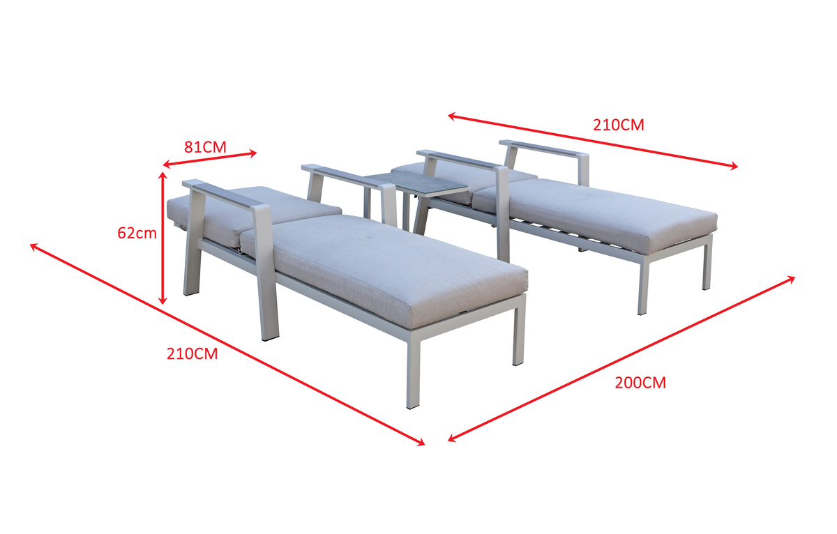 Neptune Beige Aluminium Garden Sun Lounger Pair with Drinks Table