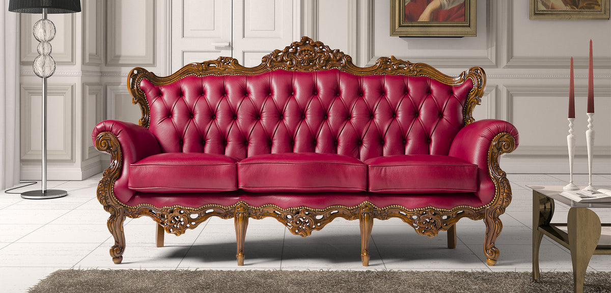 Doris Classic Italian Leather Sofa with Gold or Silver Leaf Wood