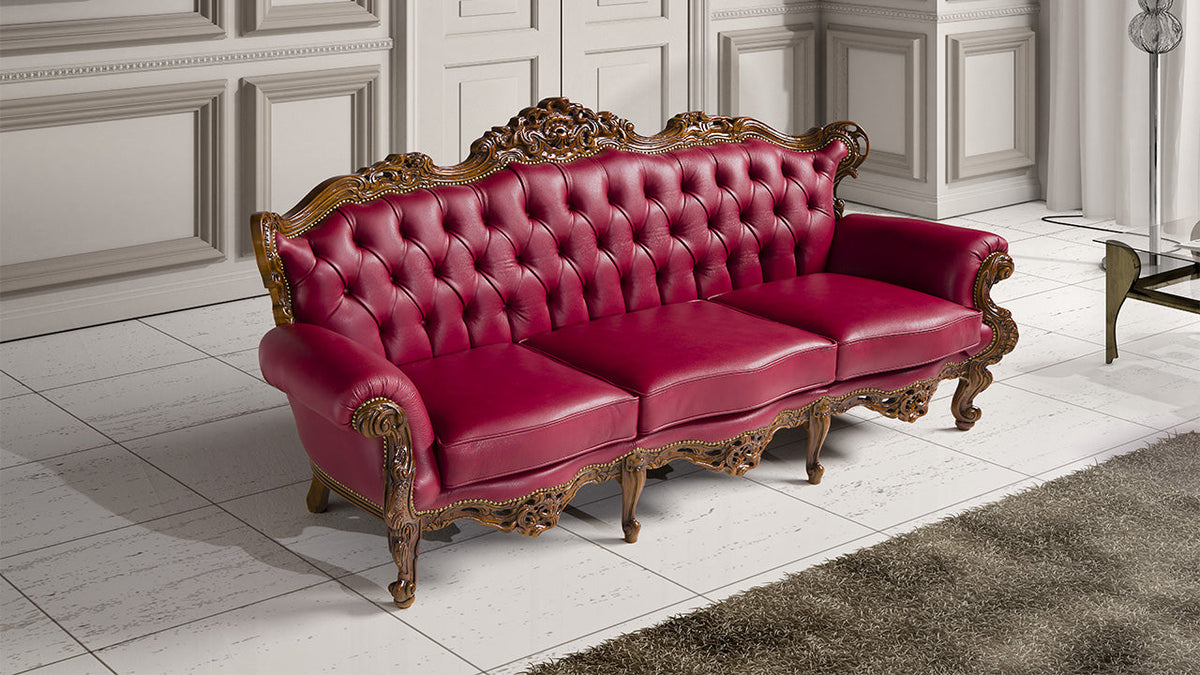 Doris Classic Italian Leather Sofa with Gold or Silver Leaf Wood