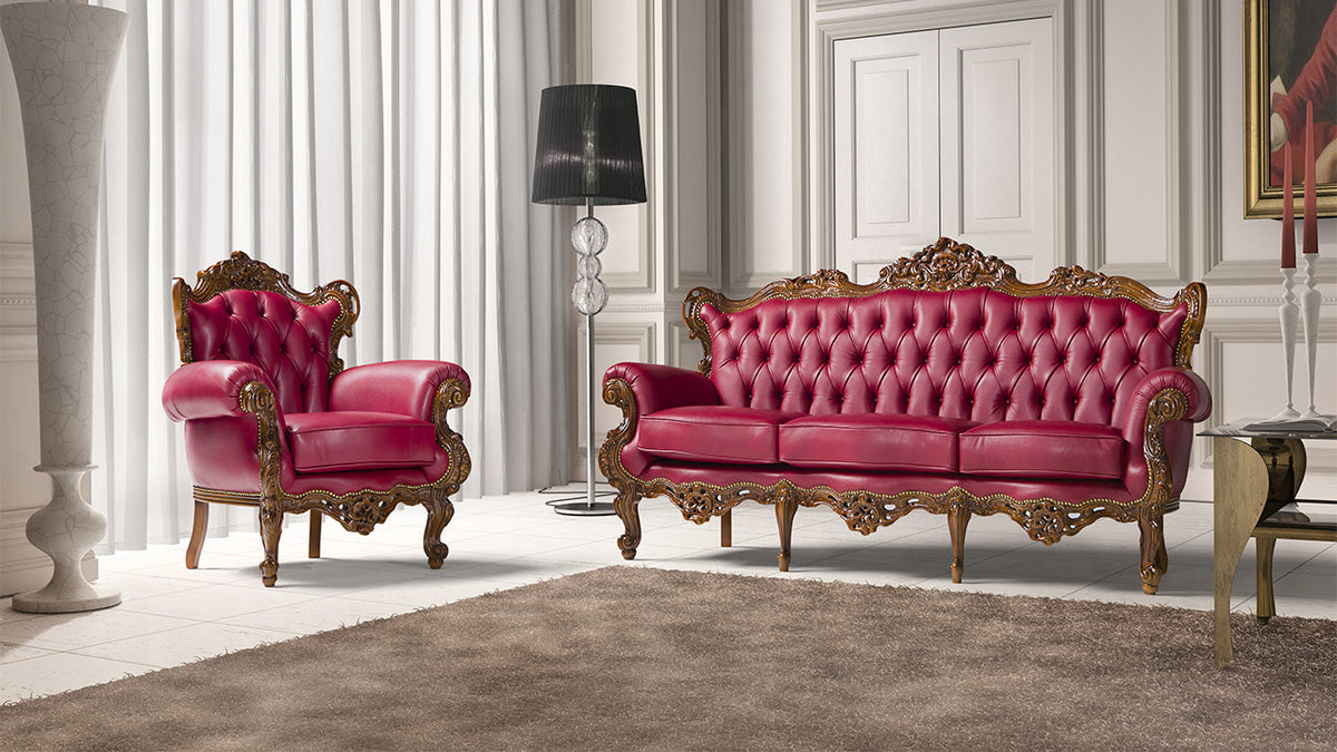 Doris Classic Italian Leather Sofa with Gold or Silver Leaf Wood