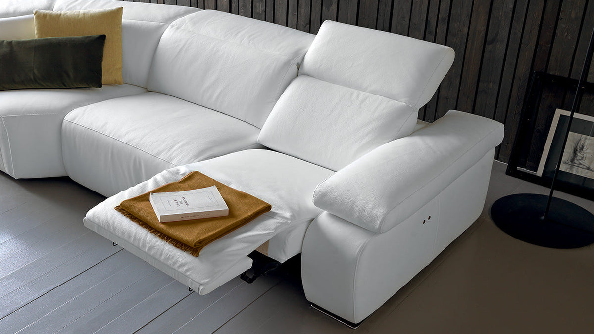 Hyding Modular Italian Leather Sofa with Ratchet Headrests & Recliner Option