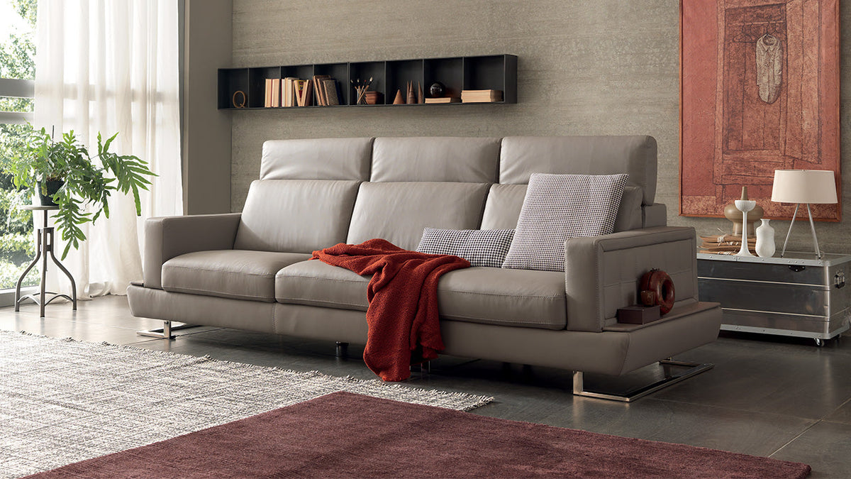 Pegaso Modular Italian Leather Sofa with Sliding Seats & Round Peninsula
