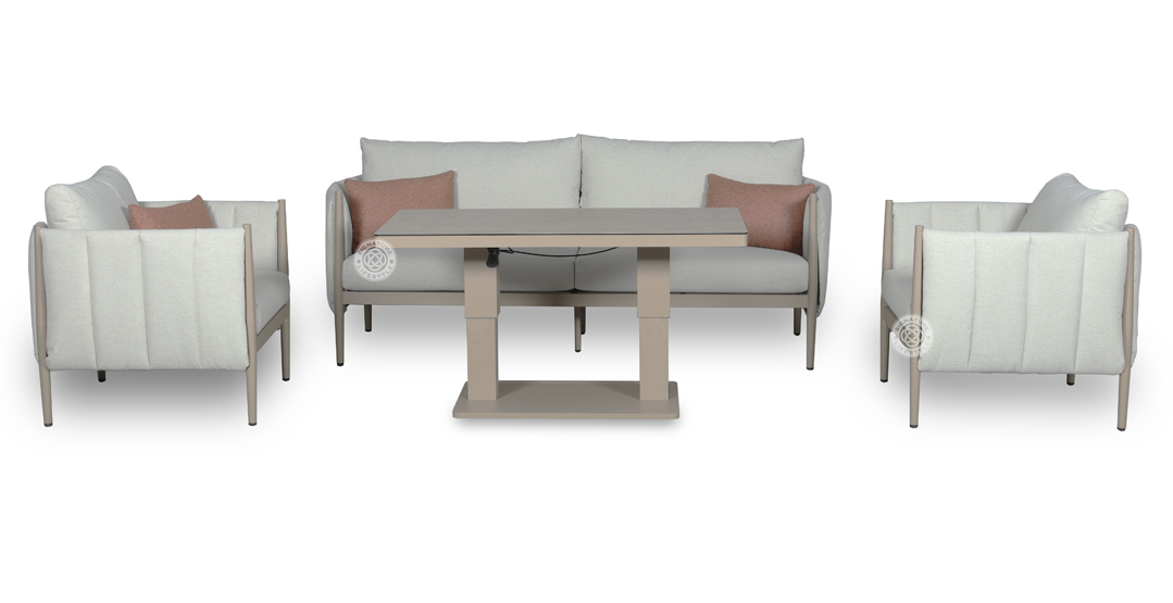 Pumpkin 4 Seater Beige Outdoor Fabric Garden Sofa Set with 2 Seater, Chairs & Lift Table