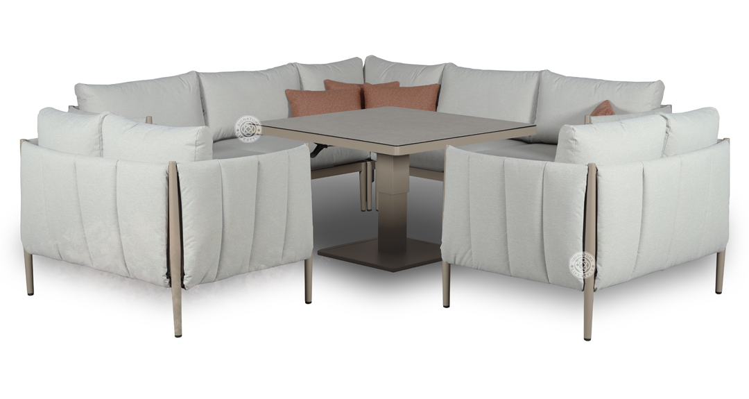 Pumpkin Beige Outdoor Fabric Garden Corner Sofa with 2 Love Chairs & Gas Lift Table