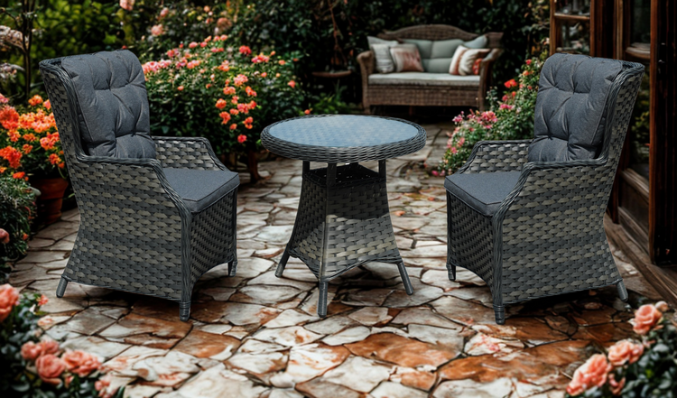 NEW Tammy Rattan Garden Grey Bistro Set Table + 2 Chairs