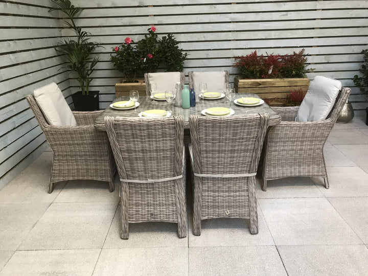 Alexandra 6 Seater Grey Rattan Garden Dining Set with High Back Chairs | Signature Weave