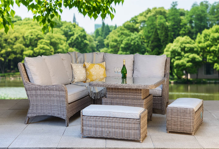 Alexandra Rattan Corner Dining Sofa with Lift Table, Ice Bucket & 3 Stools | Signature Weave