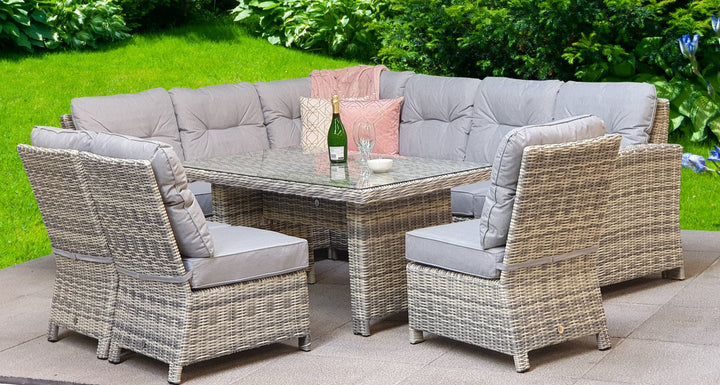 Amy Light Grey Rattan Corner Dining Sofa with Glass Table & 3 Armless Chairs | Signature Weave
