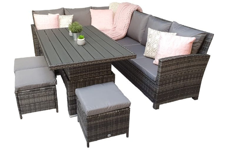 Signature Weave - Rattan Charlotte Corner Sofa + Dining Table + 3 Stools Set Grey | Char0309
