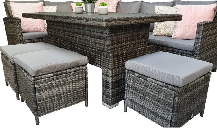 Signature Weave - Rattan Charlotte Corner Sofa + Dining Table + 3 Stools Set Grey | Char0309