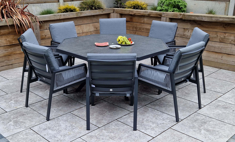 Bettina Aluminium Octagonal Table + 8 Rope Weave Chairs Set | Bett0444_0443