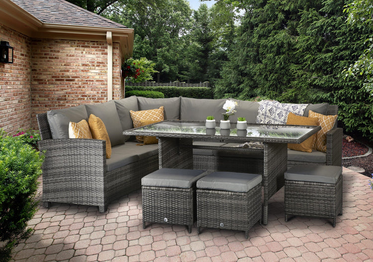 Signature Weave - Rattan Charlotte Corner Sofa + Dining Table + 3 Stools Set Grey | Char0156