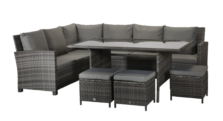 Rattan Charlotte Corner Sofa + Dining Table + 3 Stools Set Grey
