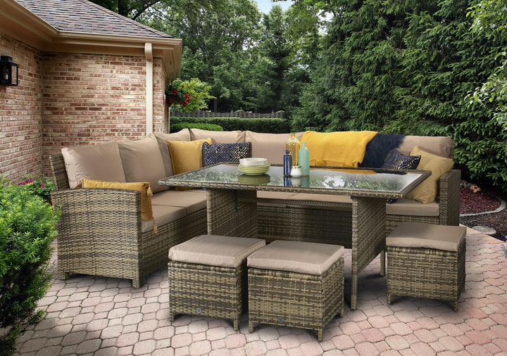 Charlotte Natural 8mm Flat Weave Rattan Corner Dining Sofa with Table & 3 Footstools | Signature Weave