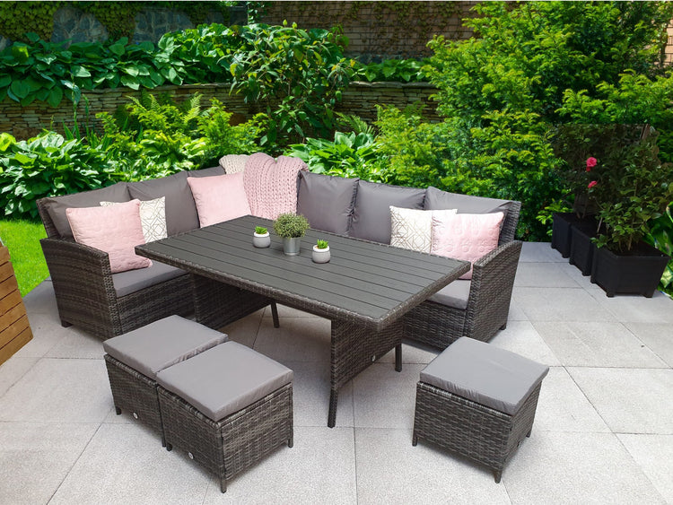 Signature Weave - Rattan Grey Corner Sofa + Dining Table + 3 Stools Set | Char0308