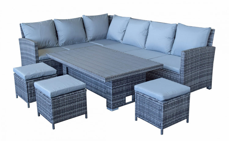 Signature Weave - Rattan Charlotte Corner Sofa + Dining Table + 3 Stools Set Grey | Char0309