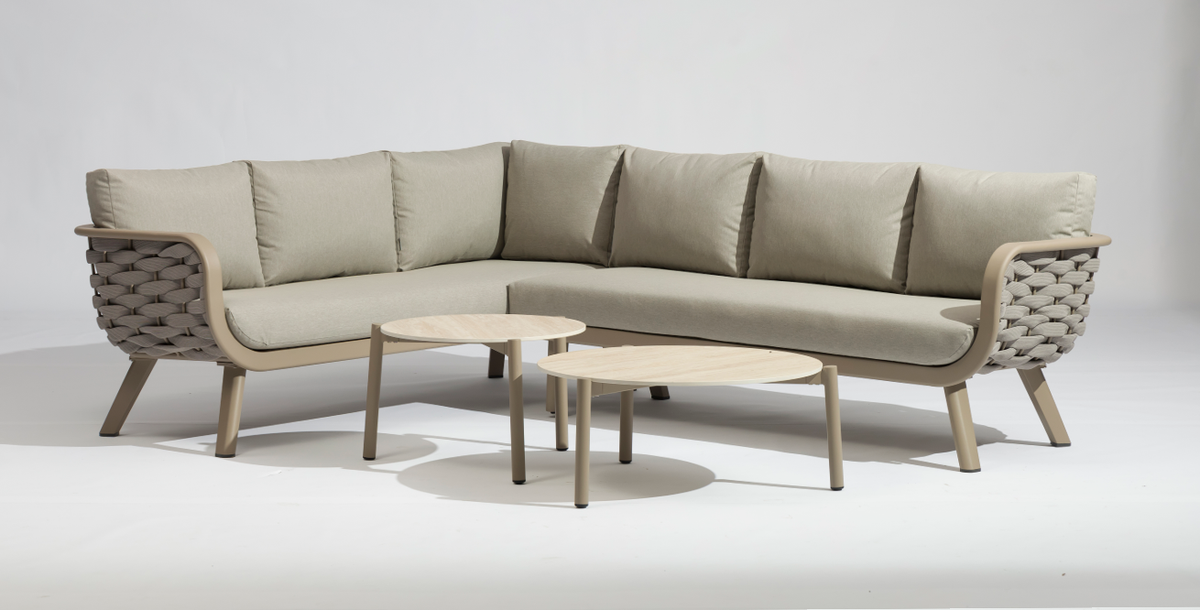 Monroe Grey Garden Corner Sofa with Armchair & Sintered Stone Nesting Tables