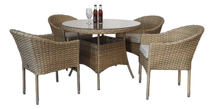 Darcey 4 Seater Natural Rattan Round Garden Dining Set with Stacking Chairs | Signature Weave