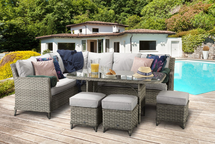 Edwina Grey Rattan Corner Dining Sofa with Toughened Glass Table & 3 Stools | Signature Weave