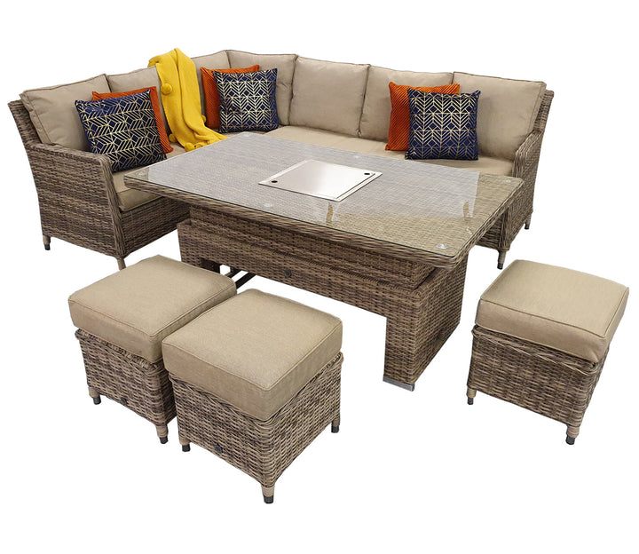 Edwina Grey Rattan Corner Dining Set with Lift Table, Ice Bucket & 3 Stools | Signature Weave