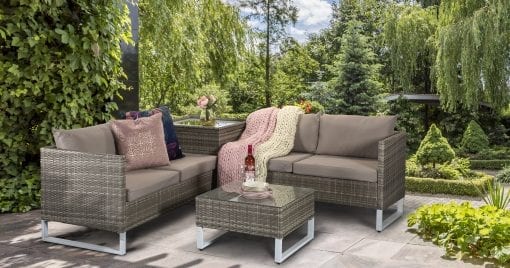 Lucy Grey Rattan Garden Corner Sofa with Storage Corner Table & Coffee Table | Signature Weave