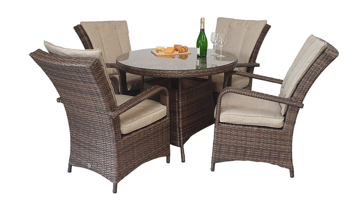 Florence 4 Seater Brown Rattan Round Garden Dining Set with 100cm Glass Table | Signature Weave