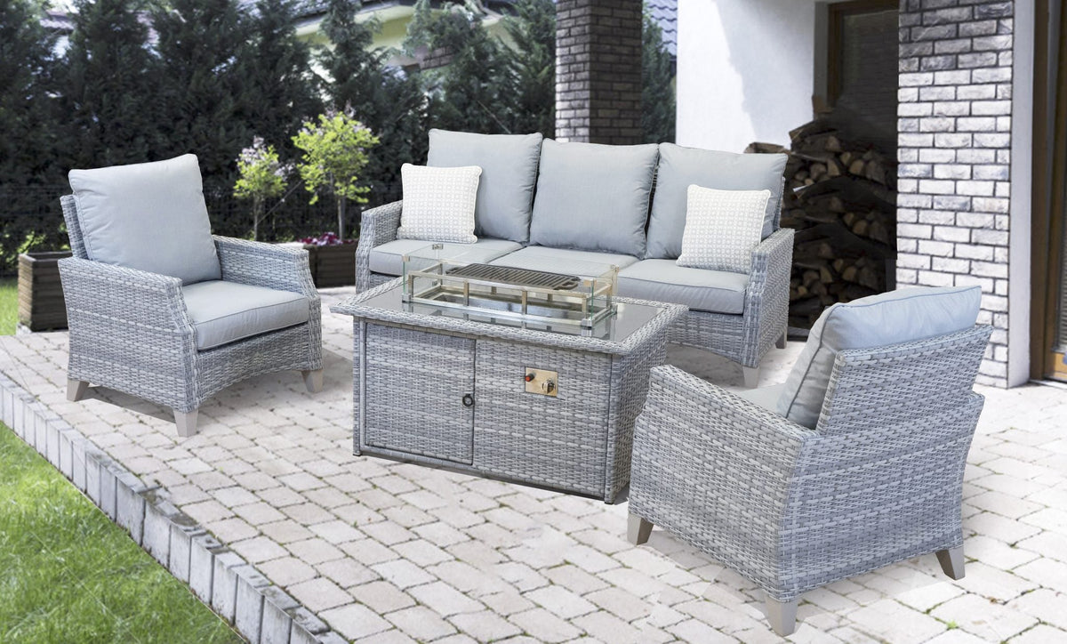 Windchester Pale Grey Rattan 3 Seater Sofa & 2 Chairs Set with Fire Pit Table & Free Hot Plate