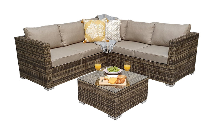 Georgia Brown Rattan Compact Garden Corner Sofa with Coffee Table | Signature Weave