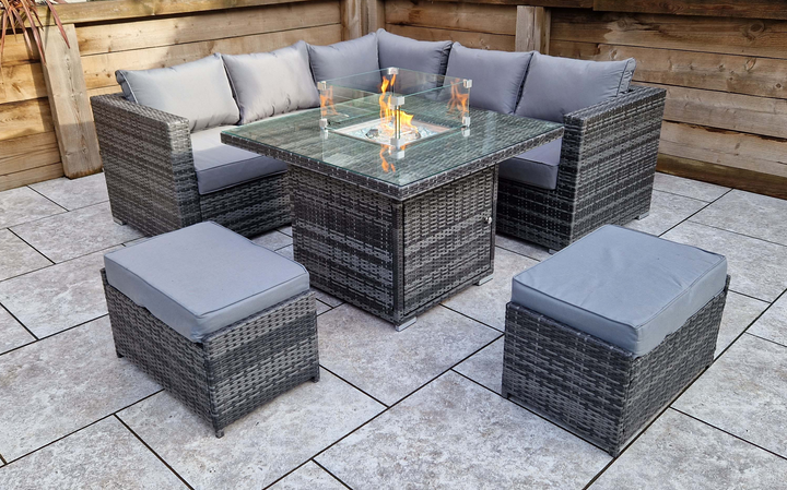 Georgia Grey Rattan Corner Sofa with Fire Pit Table & Bench Stools | Signature Weave